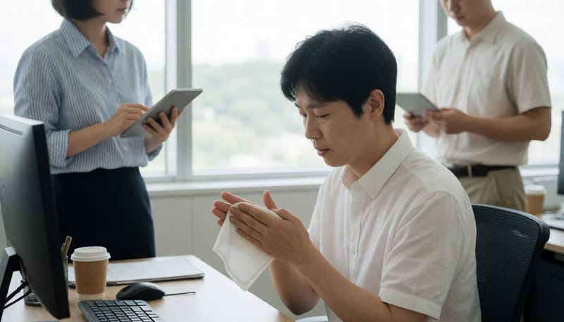 여름철 손에 땀이 맺힌 모습을 손수건으로 닦는 직장인