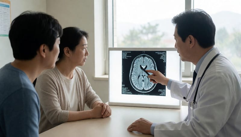 뇌 영상 검사 결과를 설명하는 신경과 의료진