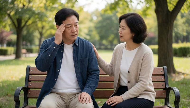 공원 벤치에서 갑작스러운 어지럼을 느끼는 중년 남성의 모습