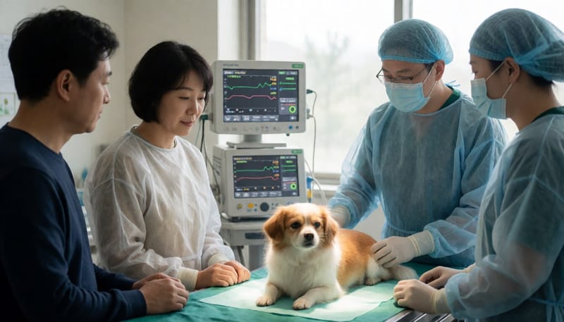 동물병원에서 마취 중인 반려견의 상태를 살피는 수의료진