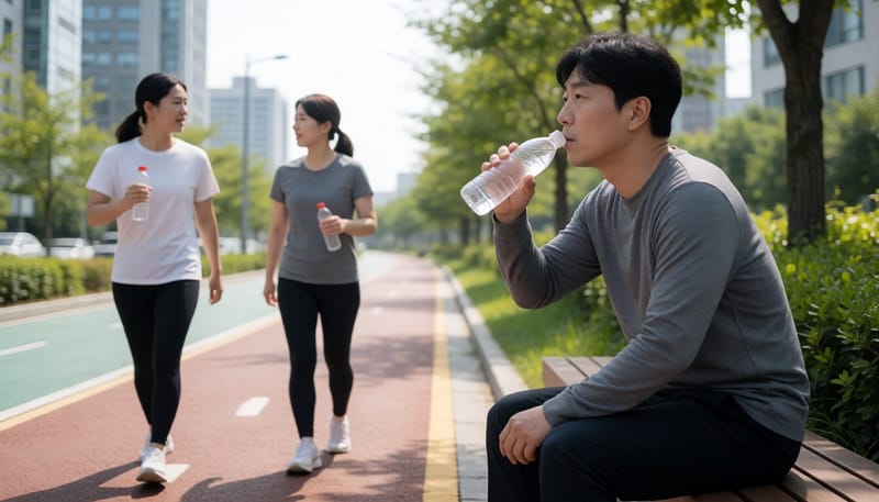운동 중 휴식하며 수분을 보충하는 남성