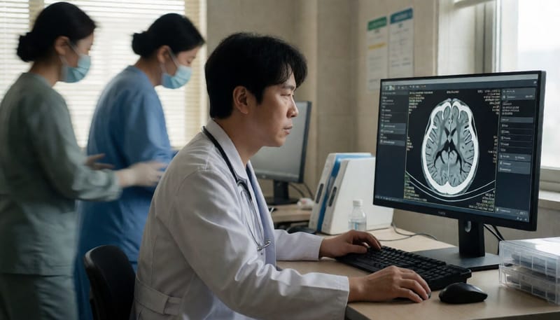 응급실에서 뇌 CT 영상을 신속하게 확인하는 의료진