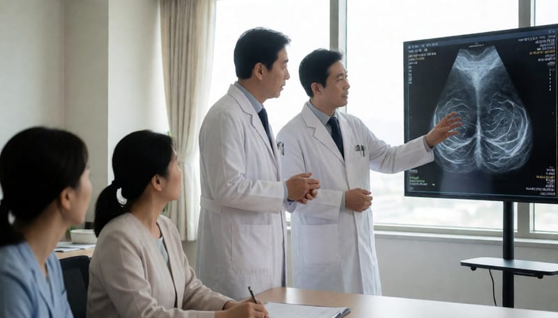 의료진 두 명이 유방촬영 영상을 함께 검토하는 모습