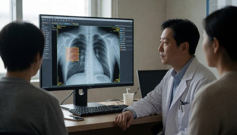 영상의학과 의사가 흉부 엑스레이 판독 영상을 살펴보는 모습