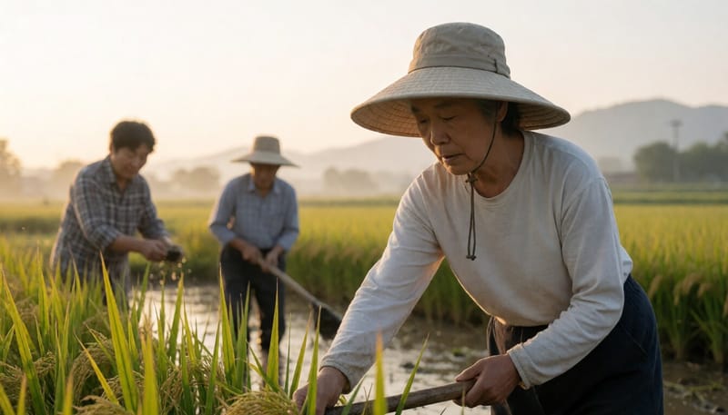 이른 아침 시간대에 논에서 작업 중인 고령 농업인