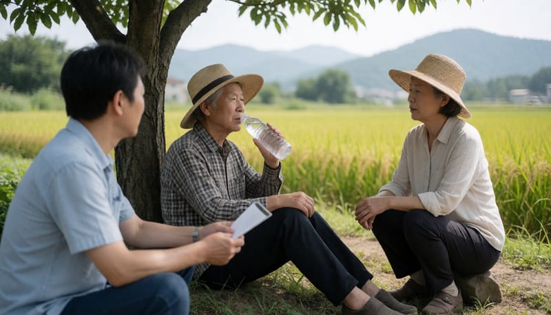 폭염 속 그늘에서 물을 마시며 휴식을 취하는 고령 농업인