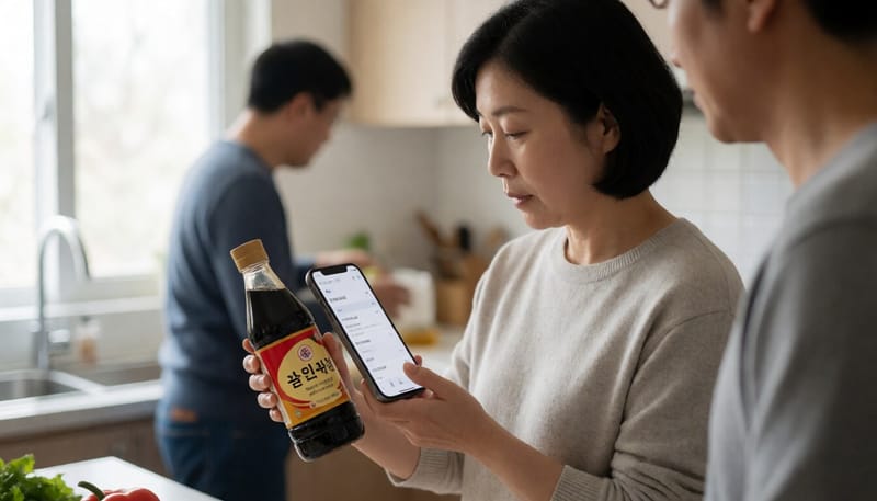 간장 제품 정보를 스마트폰으로 확인하는 모습