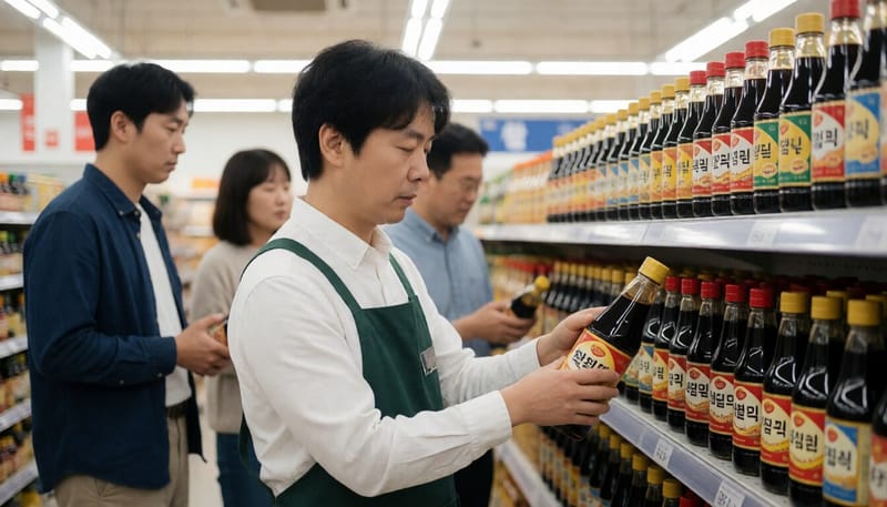 마트 진열대에서 간장 제품을 점검하는 모습
