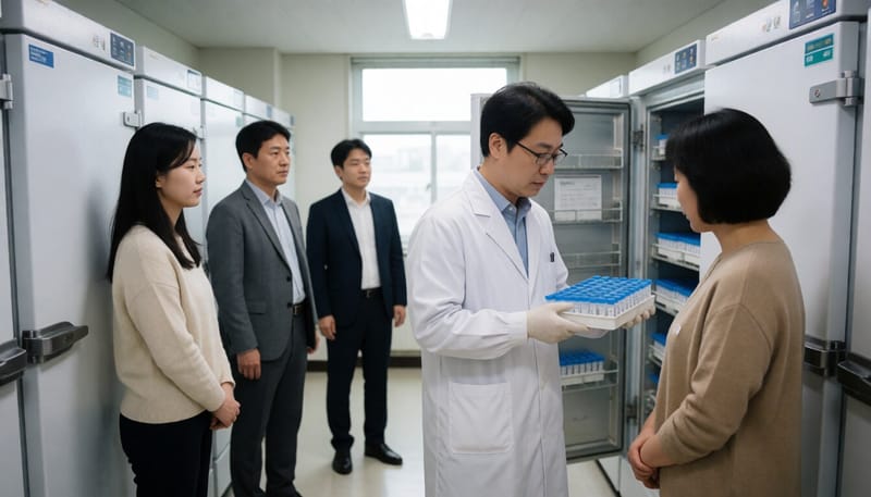 국립중앙인체자원은행 저장고에서 연구원이 인체자원 시료를 살펴보는 모습