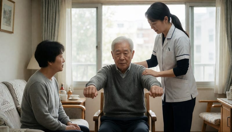 재가 돌봄 종사자가 어르신의 운동을 돕는 모습