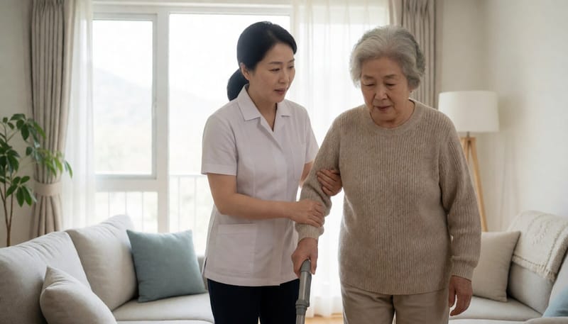 돌봄 종사자가 어르신의 거동을 돕고 있는 모습