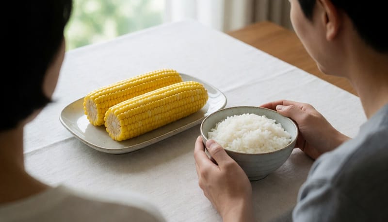 찐 옥수수와 흰쌀밥이 함께 놓인 식탁