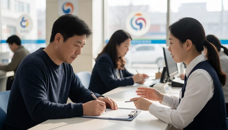 국민건강보험공단 창구에서 신청서를 작성하는 모습