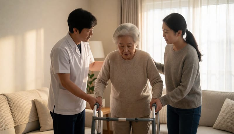 방문요양 서비스로 거동을 돕는 요양보호사의 모습