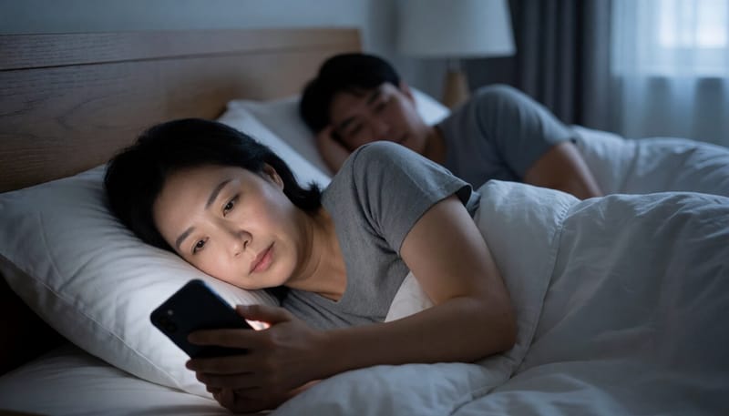 밤늦게 잠들지 못한 채 스마트폰을 보고 있는 여성