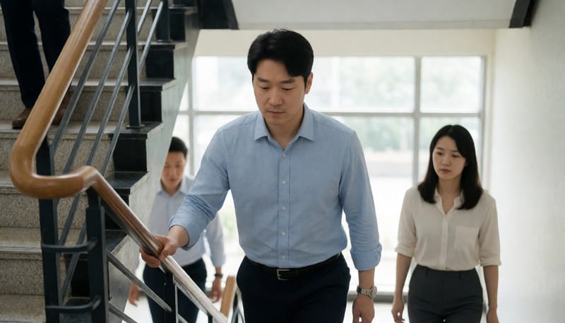 피곤한 표정으로 계단을 오르는 직장인