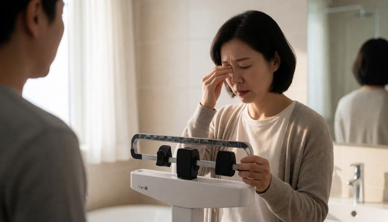 이른 아침 체중계 위에 올라선 채 피곤한 표정을 짓는 여성