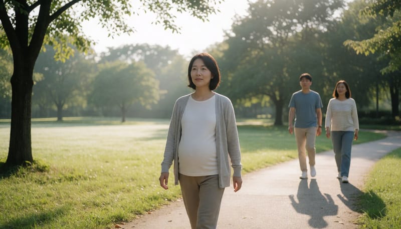 공원에서 산책하는 임산부의 모습
