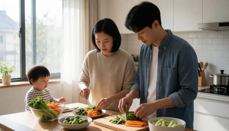 가족이 함께 건강한 아침 식사를 준비하는 모습