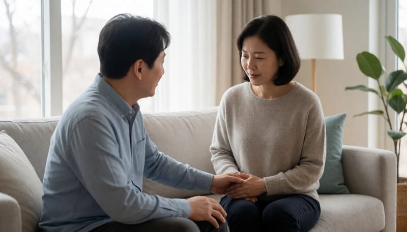 소파에 앉아 배를 짚고 있는 여성의 모습