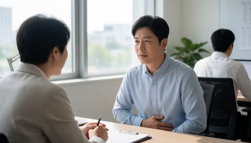 긴장한 표정으로 배를 움켜쥔 직장인의 모습