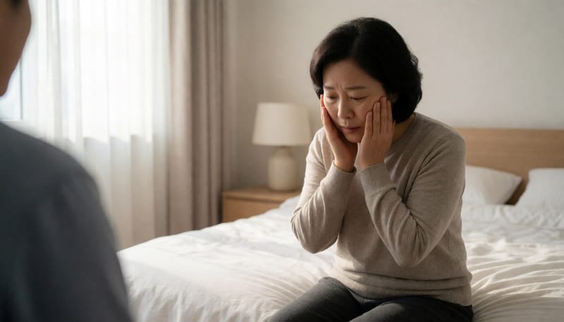 아침에 피곤한 표정으로 얼굴을 감싸 쥔 중년 여성의 모습