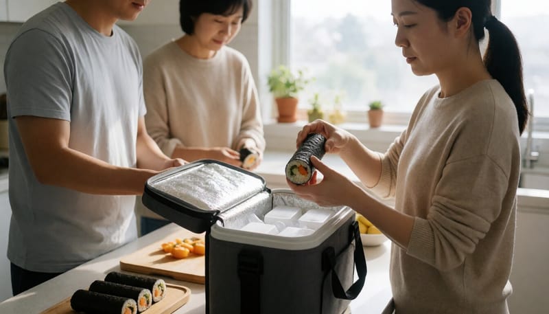 김밥을 아이스박스에 아이스팩과 함께 담는 모습