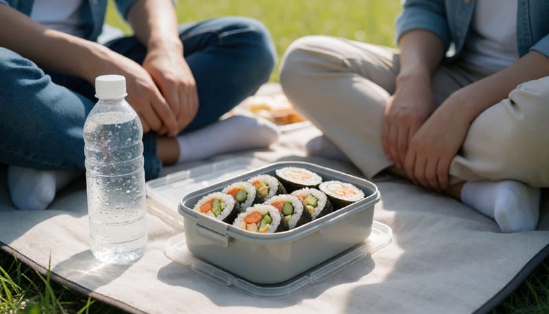 여름 야외 나들이에서 도시락으로 준비한 김밥의 모습