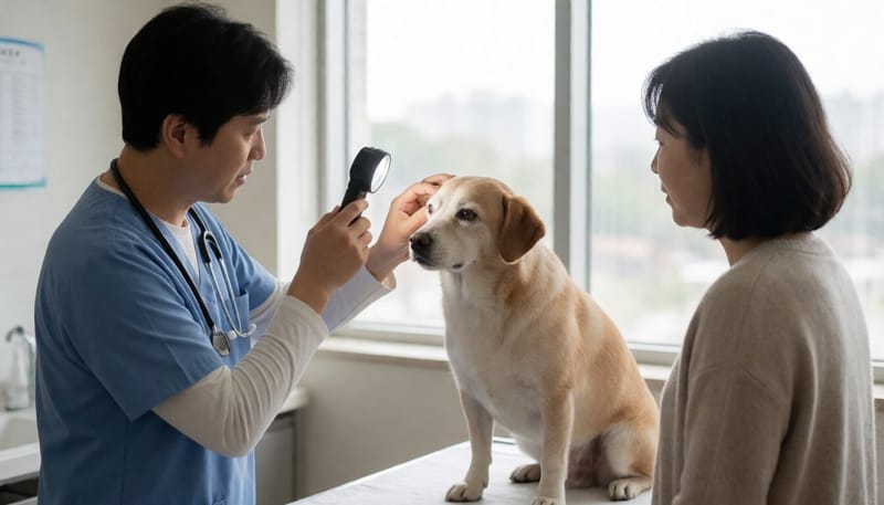 동물병원에서 수의사가 노령견의 눈을 살펴보는 모습