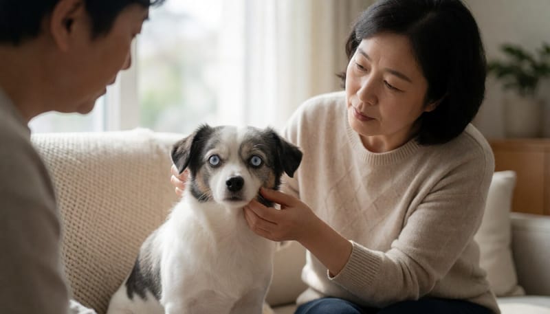 눈동자가 뿌옇게 흐려진 노령견을 반려인이 살펴보는 모습