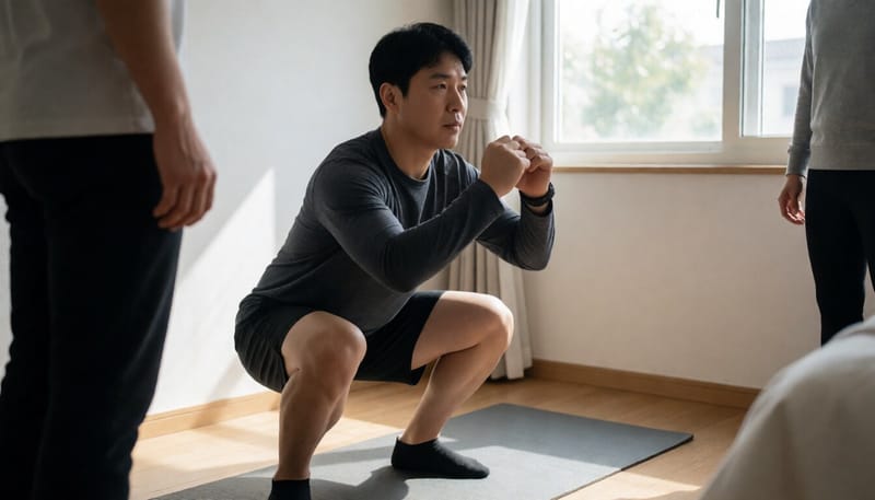 집안 매트 위에서 맨몸 스쿼트 자세를 취하는 남성