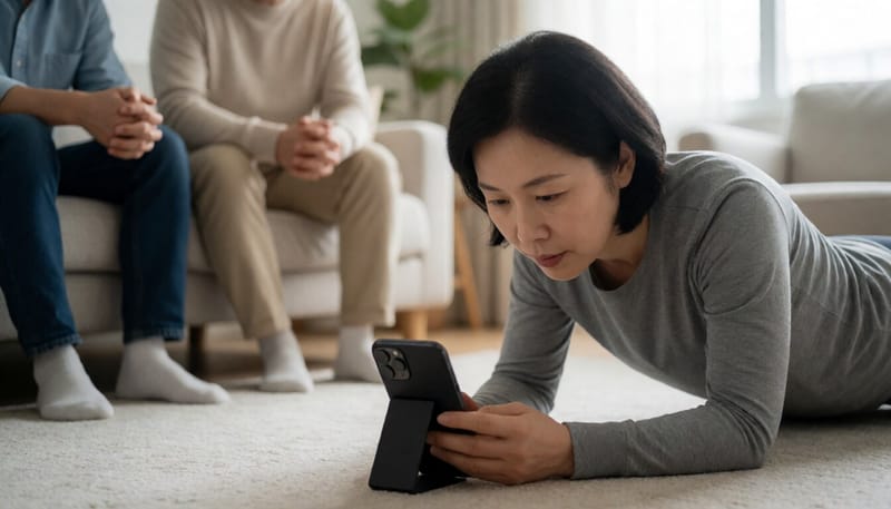 스마트폰으로 자신의 운동 자세를 점검하는 여성