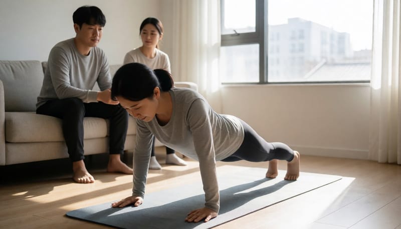 거실 매트 위에서 푸시업 자세를 취하고 있는 여성