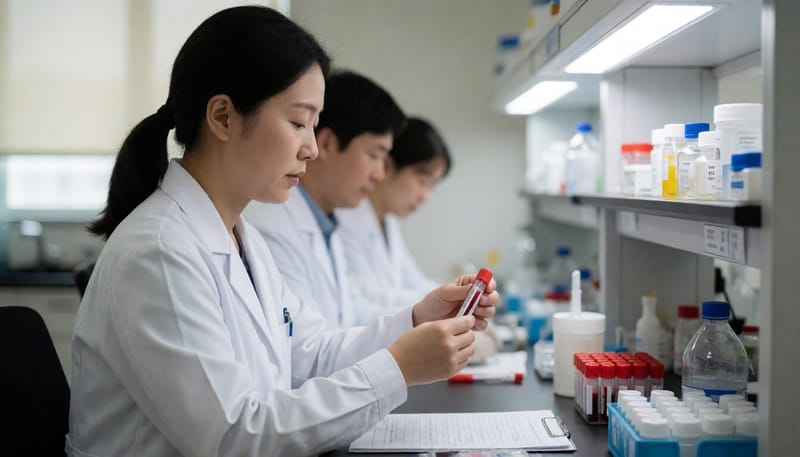 임상검사실에서 혈액 검체를 다루는 연구원의 모습