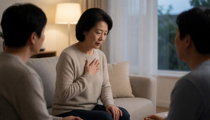 소파에 앉아 가슴에 손을 얹고 진정하는 여성