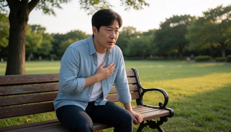 가슴을 움켜쥐고 힘들어하는 남성의 모습