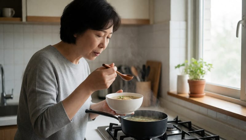 가정에서 국물 맛을 보며 간을 조절하는 여성의 모습