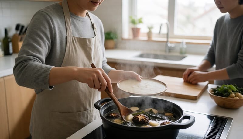 다시마와 표고버섯으로 우린 육수를 끓이며 저염식 국물을 준비하는 모습