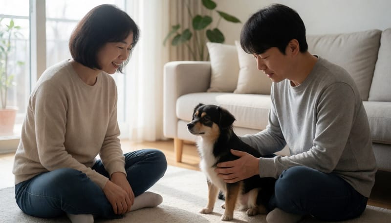 보호자가 거실에서 반려견의 갈비뼈를 손으로 짚어보며 체형을 확인하는 모습