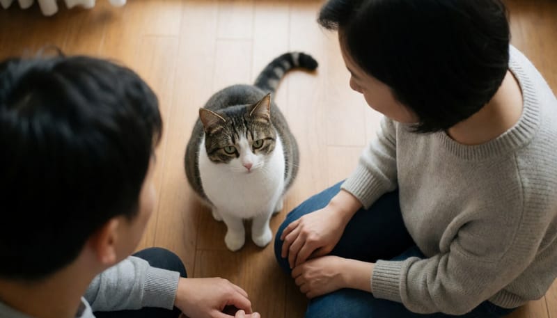보호자가 위에서 내려다보며 반려묘의 허리 라인을 살펴보는 모습