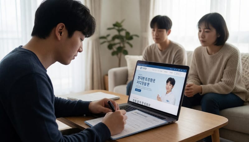 노트북으로 지원사업 신청서를 작성하는 청년