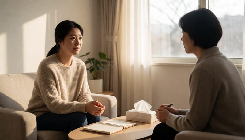 상담실에서 상담사와 이야기를 나누는 청년의 모습