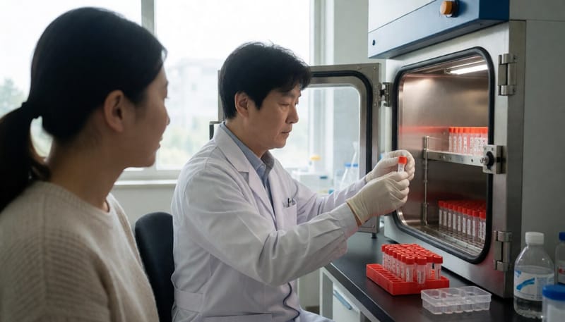 혐기성 배양기에서 균주를 다루는 연구원의 모습