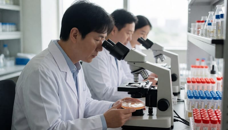 미생물 배양 접시를 살펴보는 연구자의 모습