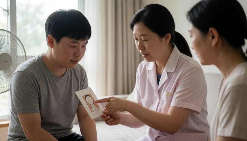 그림 카드로 증상을 표현하도록 돕는 보호자와 이용자