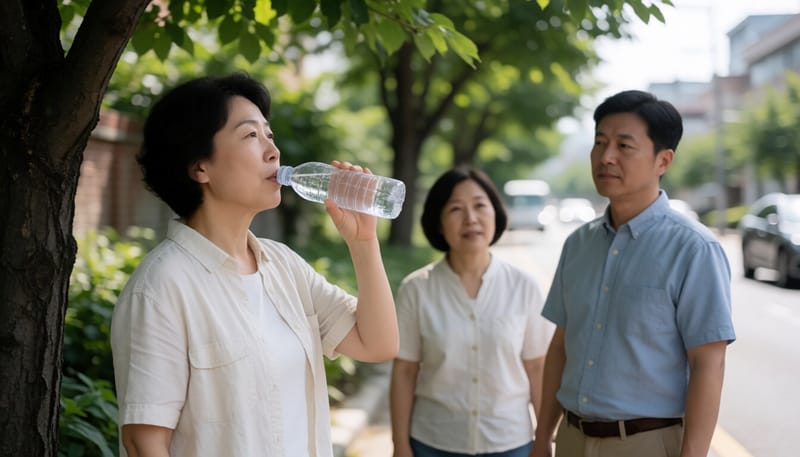 그늘에서 물을 마시며 더위를 피하는 여성