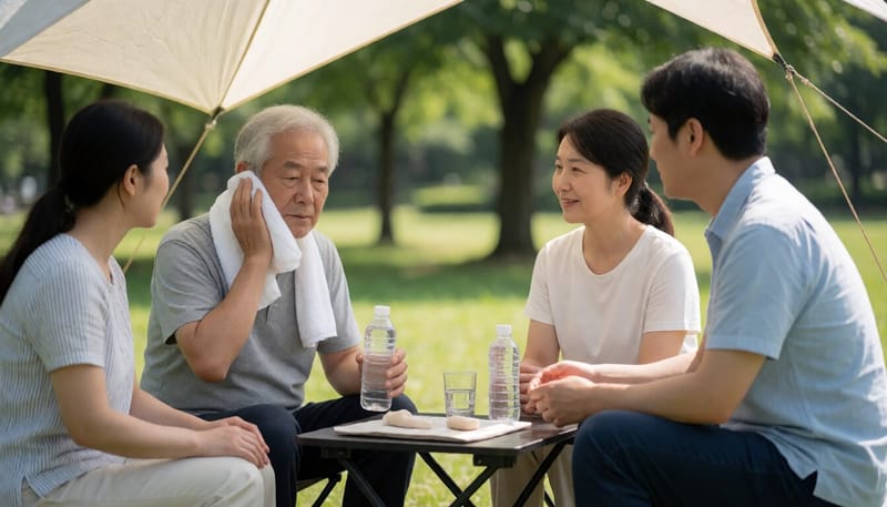 폭염 속 그늘에서 물을 마시며 더위를 식히는 노인의 모습