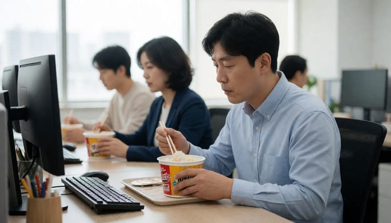 편의점 간편식으로 끼니를 해결하는 직장인 남성의 모습