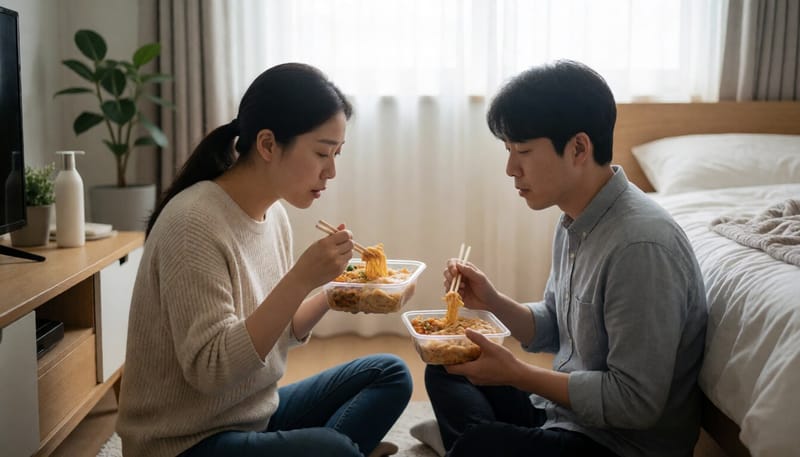 배달음식으로 끼니를 해결하는 20대 여성의 모습
