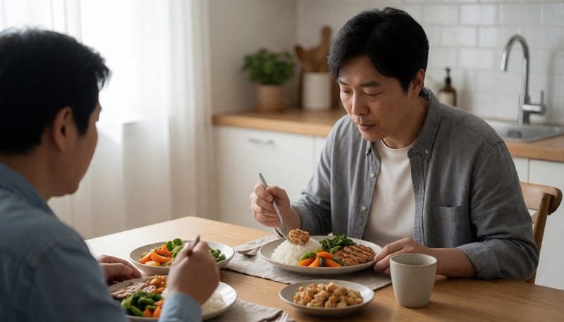 균형 잡힌 식사를 하고 있는 한국인 성인의 모습